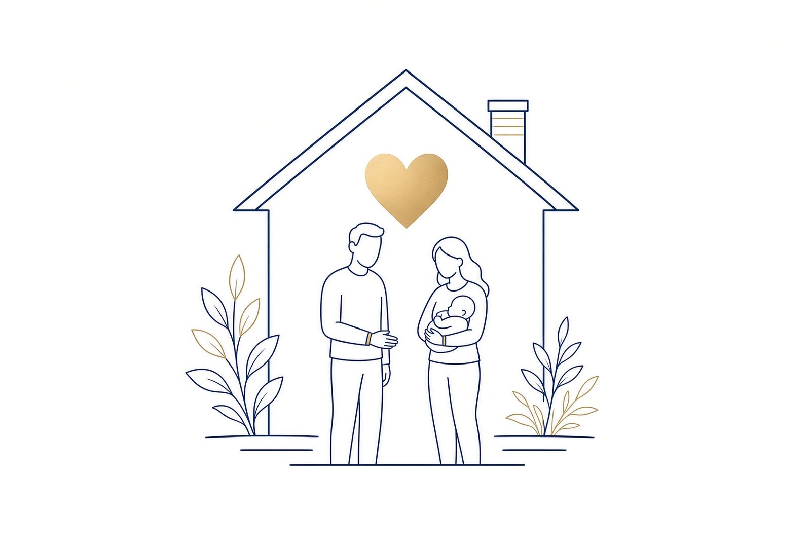 A family standing under a house, with a heart above them