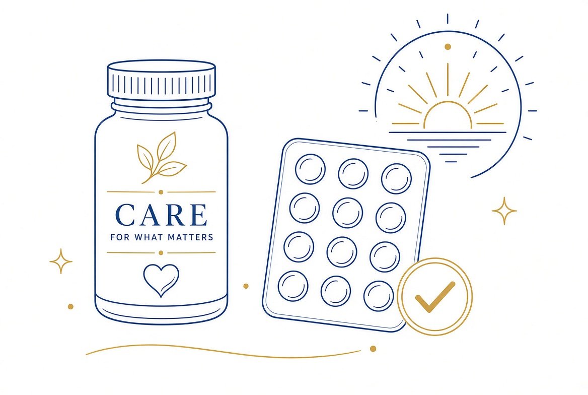 A medicine bottle, a blister pack, and a check mark